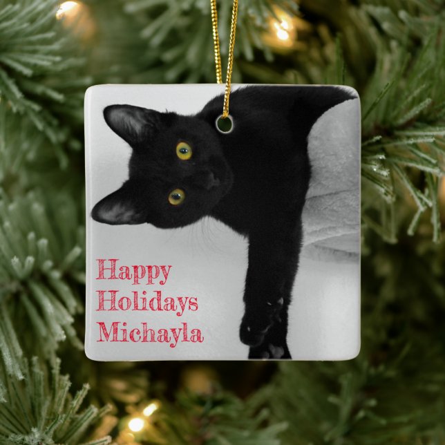 Personalised Black Cat Owner  Christmas Ceramic Ornament (Tree)