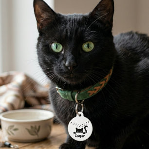 Personalised Black Cat Paw Print Name Round Custom Pet Tag