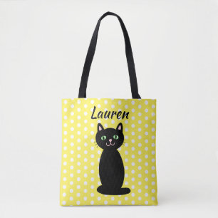 Personalised Black Cat Silhouette Polka Dots  Tote Bag