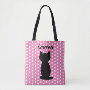 Personalised Black Cat Silhouette Polka Dots Tote Bag