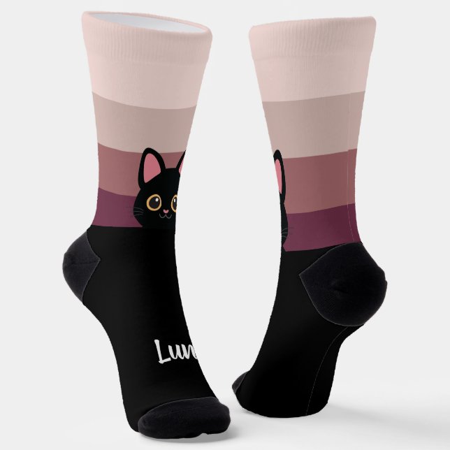 Personalised Black Cat Socks Custom Name Colour (Angled)