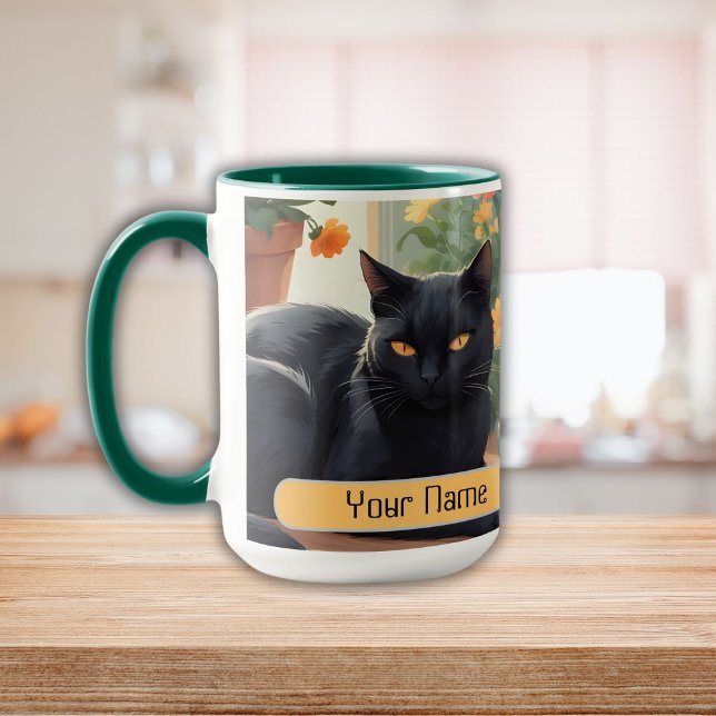 Personalised Black cat with potted flowers Mug (Personalized Black cat with potted flowers Mug)