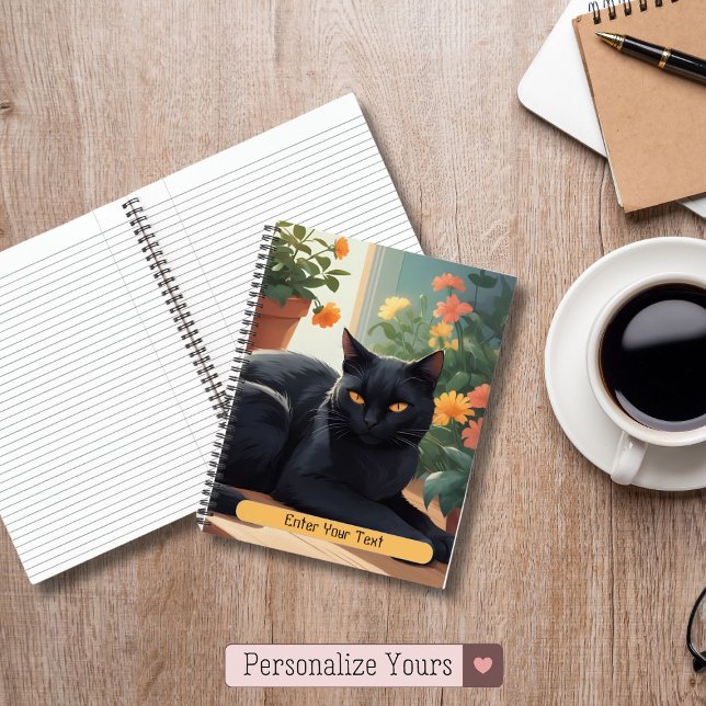 Personalised Black cat with potted flowers Notebook (Personalized Black cat with potted flowers Notebook)