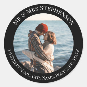 Personalised Black Circle with Top Bottom Texts Classic Round Sticker