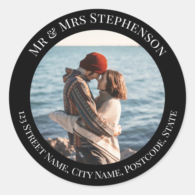 Personalised Black Circle with Top Bottom Texts Classic Round Sticker (Front)