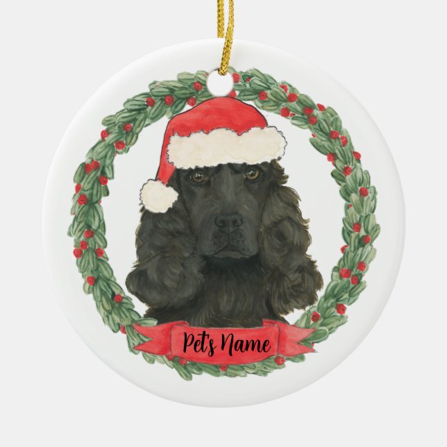 Personalised Black Cocker Spaniel Christmas Ceramic Ornament (Front)