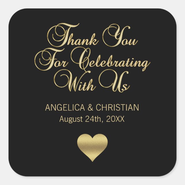 Personalised Black Colour Gold Thank You Wedding Square Sticker (Front)