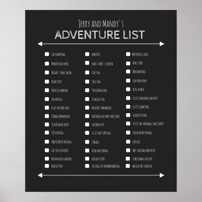Personalised black couple's adventure list poster (Front)