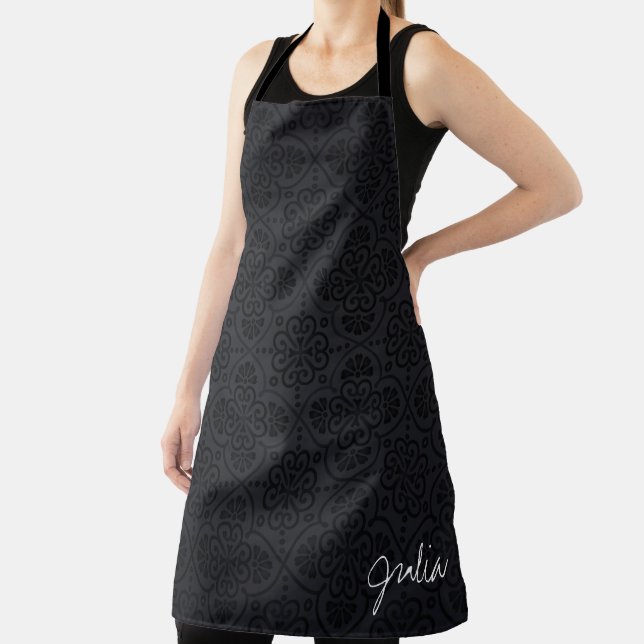 Personalised Black Damask Luxury Apron (Insitu)