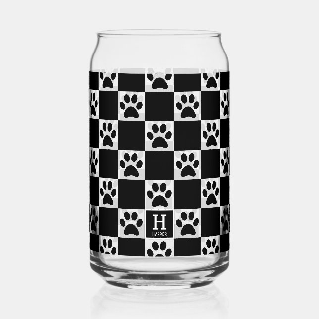 Personalised Black Dog Paw Print Chequered Pattern Can Glass (Front)