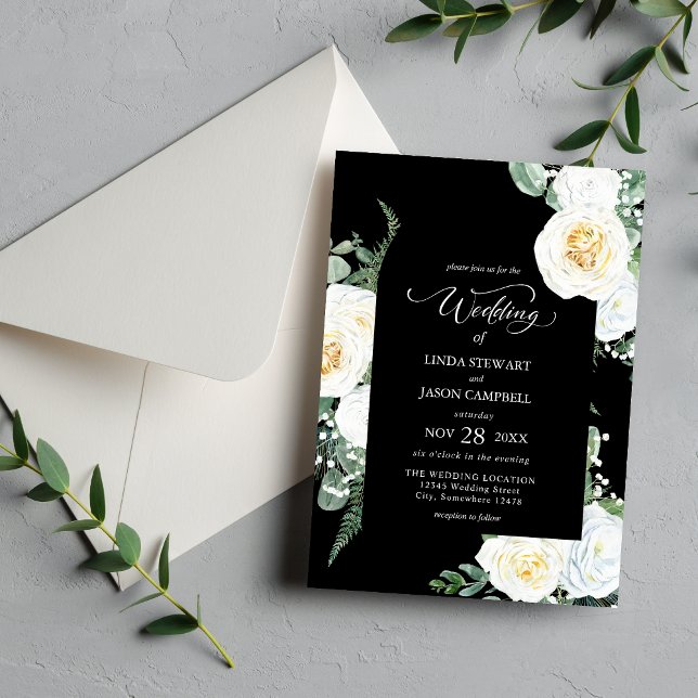 Personalised Black Elegant White Roses Wedding Invitation (Creator Uploaded)