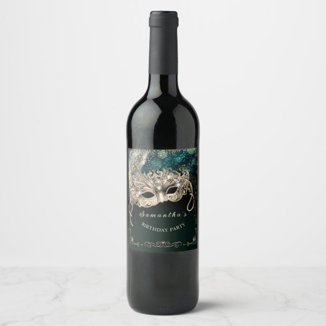 Personalised  Black Emerald Masquerade Party Wine Label (Front)