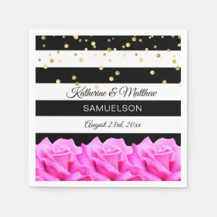 Personalised Black Floral Pink Roses Gold Wedding Napkin