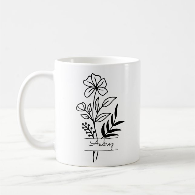 Personalised Black Flower Illustrated With Name Coffee Mug (Left)