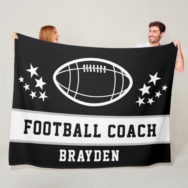 Personalised Black Football Coach Name Fleece Blanket (In Situ)
