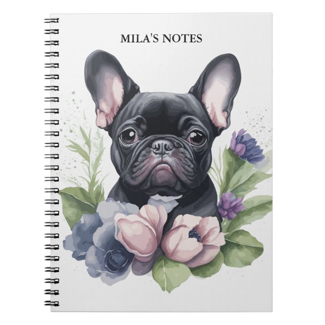 Personalised Black Frenchie Pug Dog Watercolor Notebook (Front)