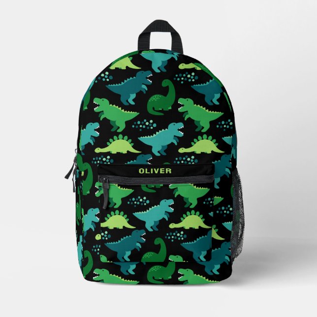 Personalised Black Funny Dinosaur Dino Pattern Printed Backpack (Front)