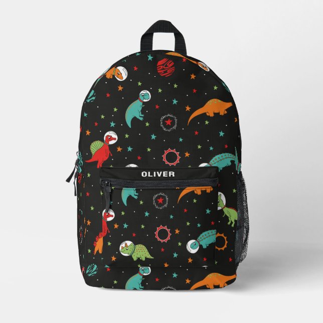Personalised Black Funny Dinosaur Dino Space Printed Backpack (Front)