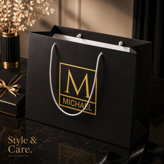 Personalised Black Gift Bag with Initial & Name (Personalized Black Gift Bag with Initial & Name)