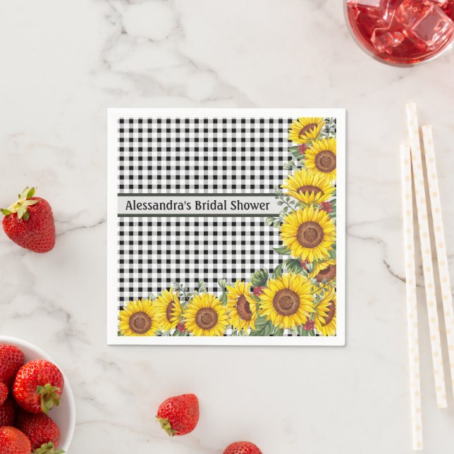 Personalised Black Gingham & Sunflowers Napkins (Insitu)