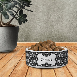 Personalised Black Gingham with Paw Prints Bone Bowl