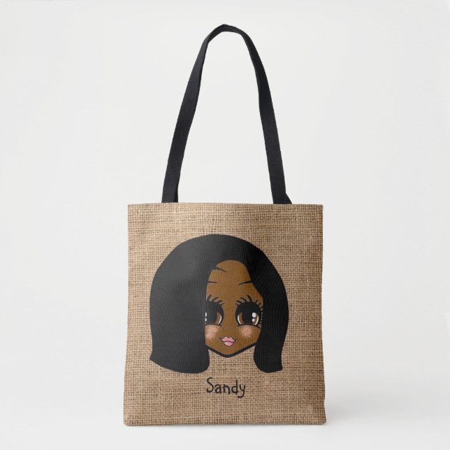Personalised black girl Caricature Jute Print Tote Bag (Front)