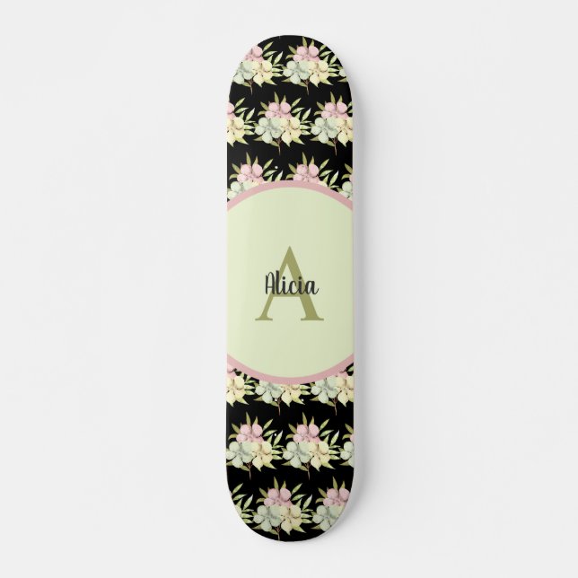 Personalised Black Girly Floral Personalised Skateboard (Front)
