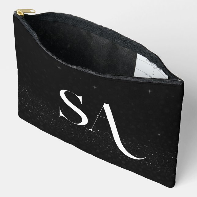 Personalised Black Glitter Initials Large  Accessory Pouch (Open)