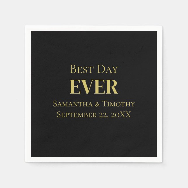 Personalised Black Gold Best Day Ever Wedding Napkin (Front)