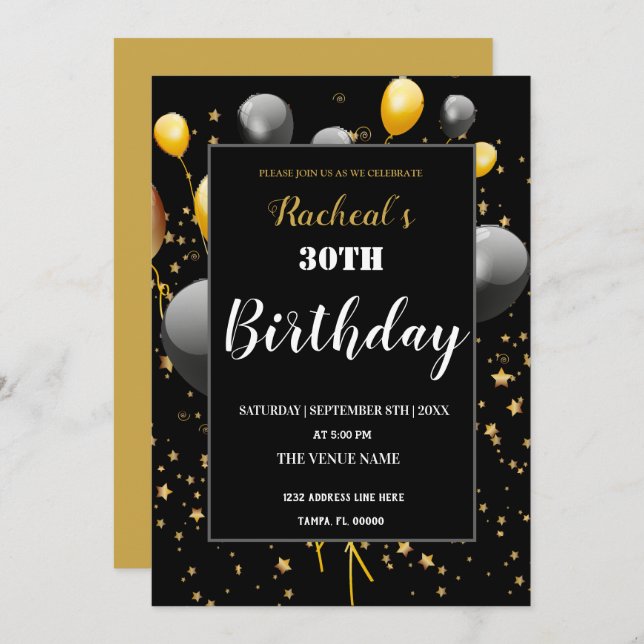 Personalised Black & Gold Birthday Invitation (Front/Back)