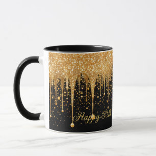 Personalised Black Gold Dripping Glitter Birthday Mug