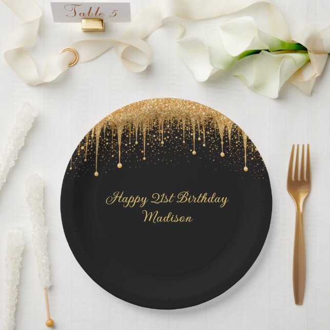 Personalised Black Gold Dripping Glitter Birthday Paper Plate (Wedding)