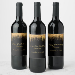 Personalised Black Gold Dripping Glitter Birthday Wine Label