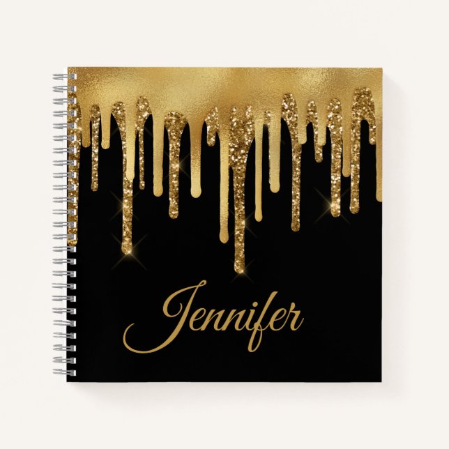 personalised black gold dripping glitters luxury  notebook (Front)