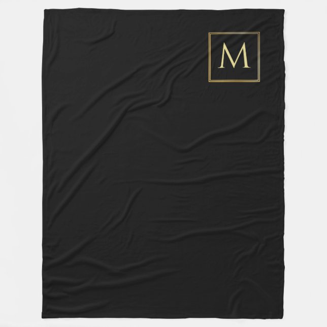 Personalised Black & Gold Elegant Trendy Monogram Fleece Blanket (Front)