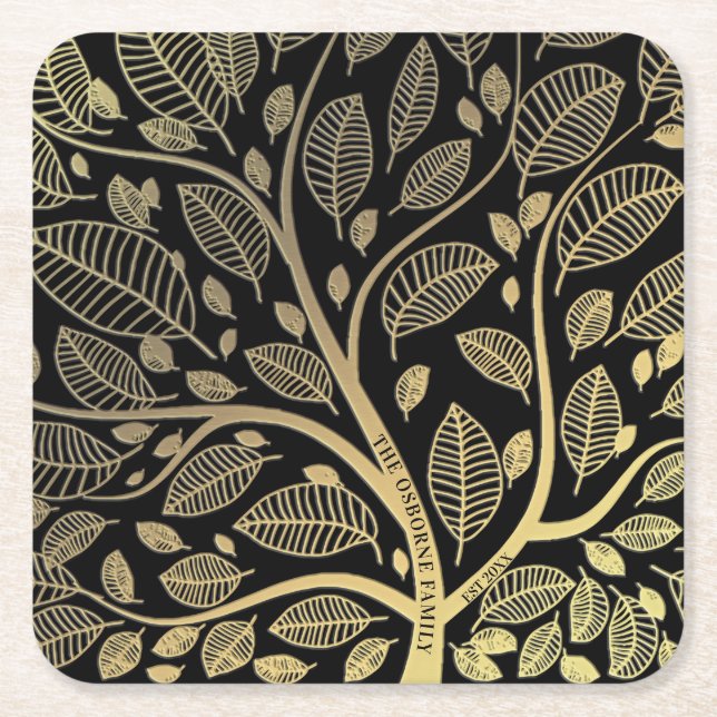 Personalised  Black Gold Family Tree Year Est Square Paper Coaster (Front)