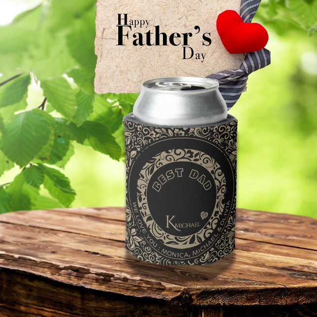 Personalised Black Gold Floral Pattern Monogram Can Cooler (Personalized Black Gold Floral Pattern Monogram Can Cooler)