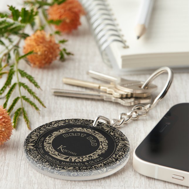Personalised Black Gold Floral Pattern Monogram Key Ring (Front Right)