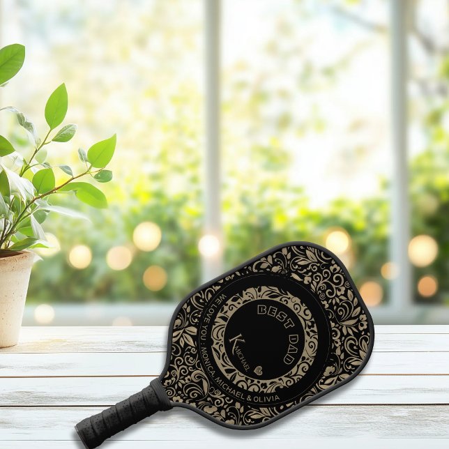 Personalised Black Gold Floral Pattern Monogram Pickleball Paddle (Personalized Black Gold Floral Pattern Monogram Pickleball Paddle)