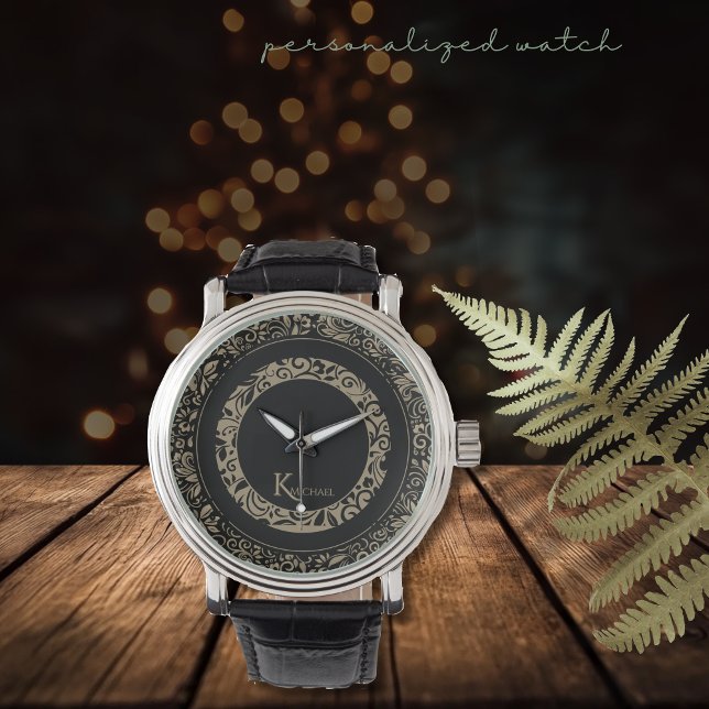 Personalised Black Gold Floral Pattern Monogram Watch (Personalized Black Gold Floral Pattern Monogram Watch)