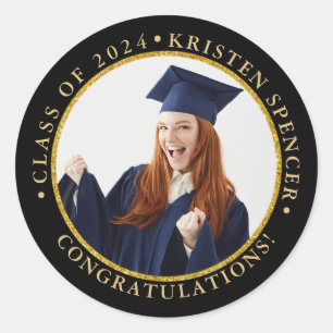 Personalised Black Gold Graduate Photo Graduation Classic Round Sticker