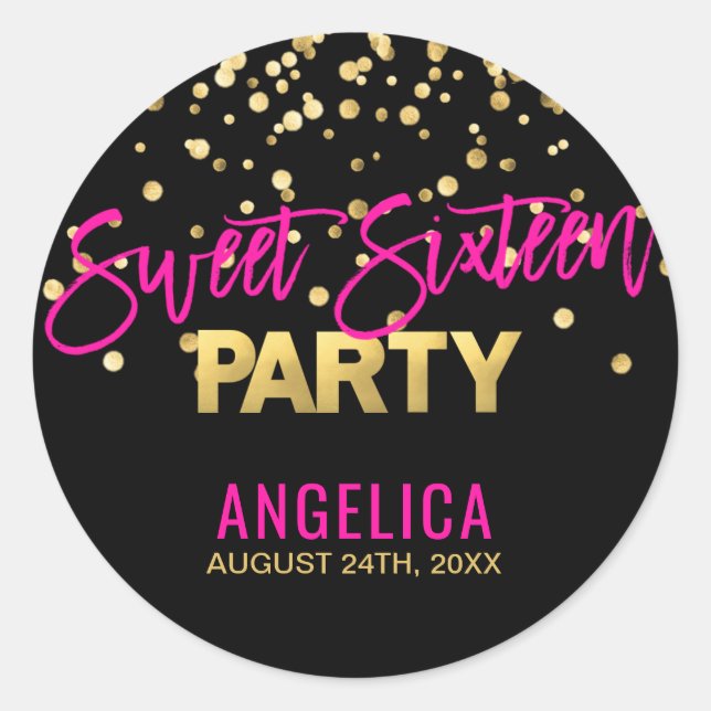 Personalised Black Gold Hot Pink Sweet SIXTEEN 16 Classic Round Sticker (Front)