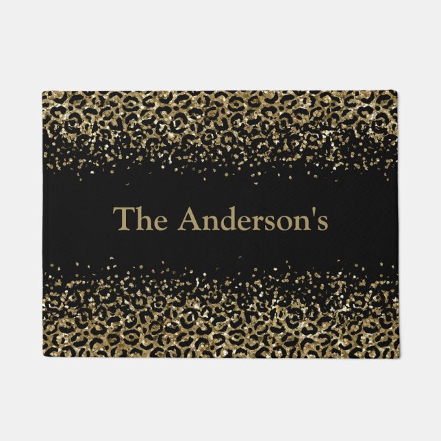 Personalised Black Gold Leopard Print Trendy Chic Doormat (Front)