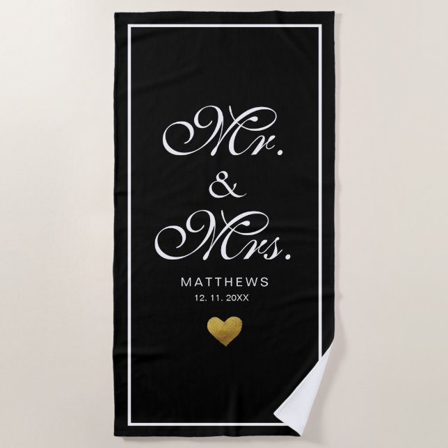 Personalised black gold love Heart mr and mrs Beach Towel (Front)