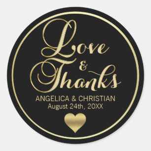 Personalised Black Gold LOVE & THANKS Wedding Classic Round Sticker