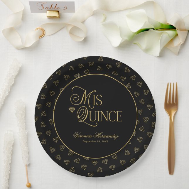 Personalised Black Gold Mis Quince Quinceanera  Paper Plate (Wedding)