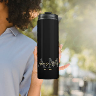 Personalised Black Gold Modern Monogram Minimalist Thermal Tumbler