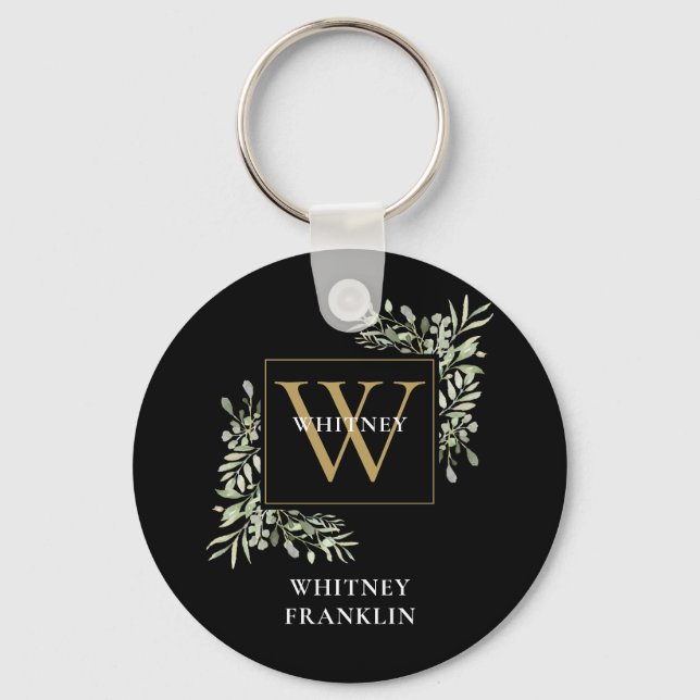 Personalised Black Gold Monogram Elegant Greenery Key Ring (Front)