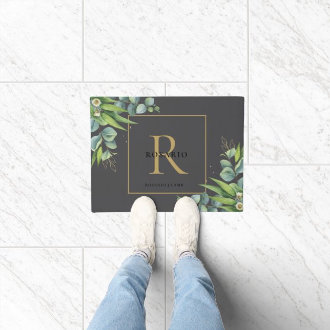 Personalised Black Gold Monogram Eucalyptus Leaf Doormat (Indoor)