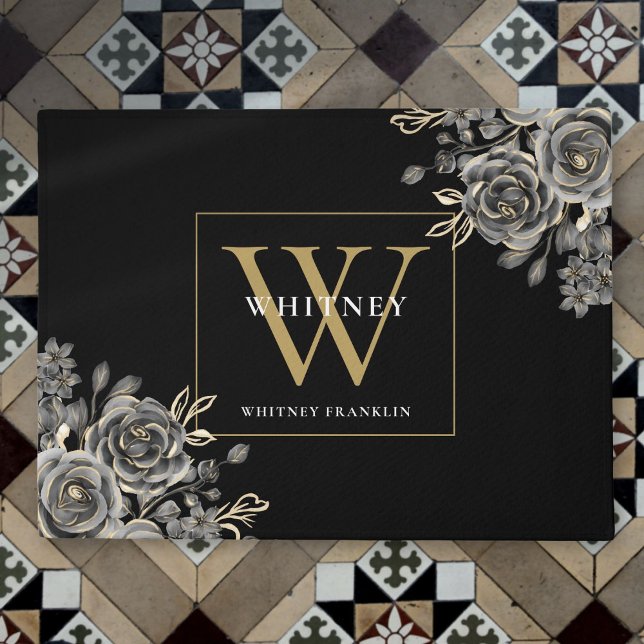 Personalised Black Gold Monogram Floral Roses Doormat (Personalized Black Gold Monogram Floral Roses Doormat)